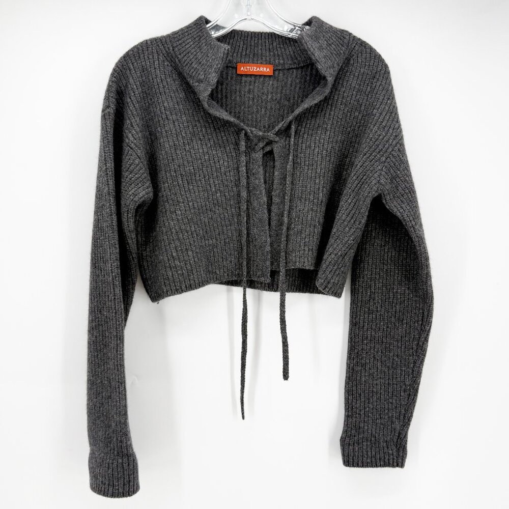 ALTUZARRA Cropped lace-up knitted cardigan knit sweater GRAY M - Picture 3 of 11
